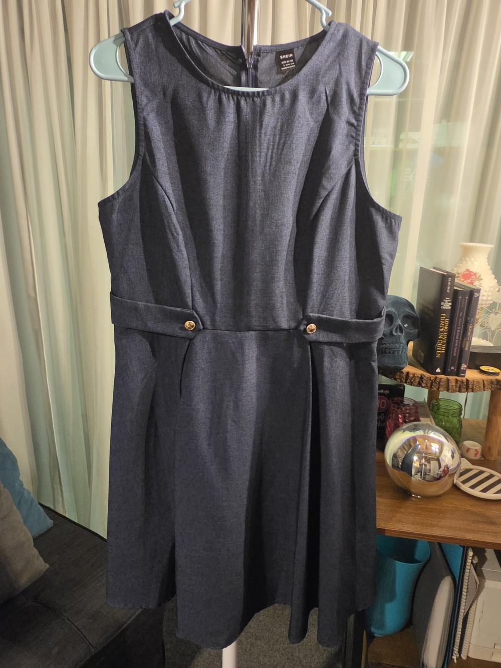 SHEIN Dark Blue Sleeveless A-Line Dress with Waist Buttons